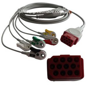 Kompatibilis Bionet BM3 BM5 egyrészes EKG-kábel vezetékes vezetékekkel, AHA, 5-vezetékes, Snap, piros 12 tűs